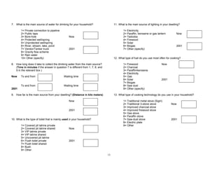 13
7. What is the main source of water for drinking for your household?
1= Private connection to pipeline
2= Public taps
3= Bore-hole Now
4= Protected well/spring
5= Unprotected well/spring
6= River, stream, lake, pond
7= Vendor/Tanker truck 2001
8= Gravity flow scheme
9= Rain water
10= Other (specify)
8. How long does it take to collect the drinking water from the main source?
(Time in minutes if the answer in question 7 is different from 1, 7, 8, and
9 in the relevant box )
Now To and from Waiting time
To and from Waiting time
2001
9. How far is the main source from your dwelling? (Distance in kilo meters)
Now
2001
10. What is the type of toilet that is mainly used in your household?
1= Covered pit latrine private
2= Covered pit latrine shared Now
3= VIP latrine private
4= VIP latrine shared
5= Uncovered pit latrine
6= Flush toilet private 2001
7= Flush toilet shared
8= Bush
9= Other
11. What is the main source of lighting in your dwelling?
1= Electricity
2= Paraffin, kerosene or gas lantern Now
3= Tadooba
4= Firewood
5= Solar
6= Biogas 2001
7= Other (specify)
12. What type of fuel do you use most often for cooking?
1= Firewood Now
2= Charcoal
3= Paraffin/kerosene
4= Electricity
5= Gas
6= Solar 2001
7= Biogas
8= Saw dust
9= Other (specify)
13. What type of cooking technology do you use in your household?
1= Traditional metal stove (Sigiri)
2= Traditional 3-stone stove Now
3= Improved charcoal stove
4= Improved firewood stove
5= Gas stove
6= Paraffin stove
7= Saw-dust stove 2001
8= Electric plate
9= Other
 
