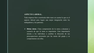 ASPECTO LABORAL.
Toda empresa bien constituida debe tener en cuenta lo que es el
aspecto laboral para lograr una mejor integración entre los
trabajadores y los patrones.
 Metas claras. Clara comprensión de la meta a alcanzar y
creencia de que la meta es importante. Esta importancia
alienta a los individuos a cambiar la dirección de sus
preocupaciones personales por las metas del grupo y se
comprometen con ellas.
 