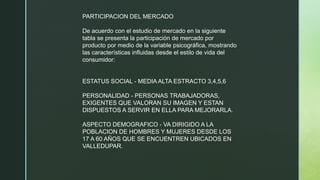 PARTICIPACION DEL MERCADO
De acuerdo con el estudio de mercado en la siguiente
tabla se presenta la participación de mercado por
producto por medio de la variable psicográfica, mostrando
las características influidas desde el estilo de vida del
consumidor:
ESTATUS SOCIAL - MEDIA ALTA ESTRACTO 3,4,5,6
PERSONALIDAD - PERSONAS TRABAJADORAS,
EXIGENTES QUE VALORAN SU IMAGEN Y ESTAN
DISPUESTOS A SERVIR EN ELLA PARA MEJORARLA.
ASPECTO DEMOGRAFICO - VA DIRIGIDO A LA
POBLACION DE HOMBRES Y MUJERES DESDE LOS
17 A 60 AÑOS QUE SE ENCUENTREN UBICADOS EN
VALLEDUPAR.
 