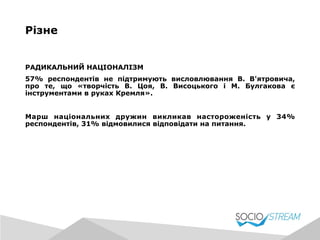 РАДИКАЛЬНИЙ НАЦІОНАЛІЗМ
57% респондентів не підтримують висловлювання В. В'ятровича,
про те, що «творчість В. Цоя, В. Висоцького і М. Булгакова є
інструментами в руках Кремля».
Марш національних дружин викликав настороженість у 34%
респондентів, 31% відмовилися відповідати на питання.
Різне
 