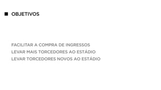 OBJETIVOS
FACILITAR A COMPRA DE INGRESSOS
LEVAR MAIS TORCEDORES AO ESTÁDIO
LEVAR TORCEDORES NOVOS AO ESTÁDIO
 