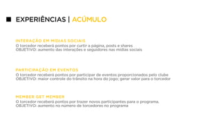INTERAÇÃO EM MÍDIAS SOCIAIS
O torcedor receberá pontos por curtir a página, posts e shares
OBJETIVO: aumento das interações e seguidores nas mídias sociais
PARTICIPAÇÃO EM EVENTOS
O torcedor receberá pontos por participar de eventos proporcionados pelo clube
OBJETIVO: maior controle do trânsito na hora do jogo; gerar valor para o torcedor
MEMBER GET MEMBER
O torcedor receberá pontos por trazer novos participantes para o programa.
OBJETIVO: aumento no número de torcedores no programa
EXPERIÊNCIAS | ACÚMULO
 