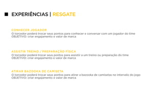 CONHECER JOGADOR
O torcedor poderá trocar seus pontos para conhecer e conversar com um jogador do time
OBJETIVO: criar engajamento e valor de marca
ASSISTIR TREINO / PREPARAÇÃO FÍSICA
O torcedor poderá trocar seus pontos para assistir a um treino ou preparação do time
OBJETIVO: criar engajamento e valor de marca
ATIRAR BAZOOKA DE CAMISETA
O torcedor poderá trocar seus pontos para atirar a bazooka de camisetas no intervalo do jogo
OBJETIVO: criar engajamento e valor de marca
EXPERIÊNCIAS | RESGATE
 
