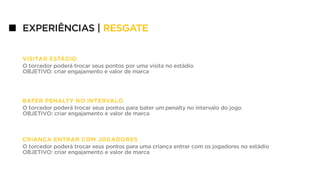 VISITAR ESTÁDIO
O torcedor poderá trocar seus pontos por uma visita no estádio
OBJETIVO: criar engajamento e valor de marca
BATER PENALTY NO INTERVALO
O torcedor poderá trocar seus pontos para bater um penalty no intervalo do jogo
OBJETIVO: criar engajamento e valor de marca
CRIANÇA ENTRAR COM JOGADORES
O torcedor poderá trocar seus pontos para uma criança entrar com os jogadores no estádio
OBJETIVO: criar engajamento e valor de marca
EXPERIÊNCIAS | RESGATE
 