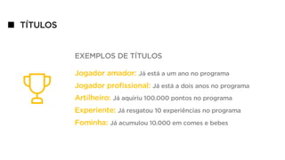 TÍTULOS
EXEMPLOS DE TÍTULOS
Jogador amador: Já está a um ano no programa
Jogador profissional: Já está a dois anos no programa
Artilheiro: Já aquiriu 100.000 pontos no programa
Experiente: Já resgatou 10 experiências no programa
Fominha: Já acumulou 10.000 em comes e bebes
 