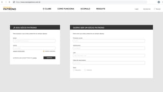 LoginACÚMULO RESGATEO CLUBE COMO FUNCIONA BuscarInscreva-se
JÁ SOU SÓCIO PATRONO
ENTRAR
Para acessar a sua conta, preencha os campos abaixo: Para criar sua conta, preencha os campos abaixo:
esqueci minha senha
problemas para acessar? Entre em contato
manter conectado
email
senha
nome@dominio.com.br
sua senha
QUERO SER UM SÓCIO PATRONO
Primeiro nome
Sobrenome
Nome
sua senha
CPF
Data de nascimento
000 000 000 - 00
sua senha
Sexo
Masculino Feminino
 