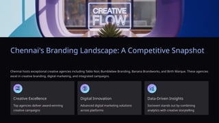 Chennai's Branding Landscape: A Competitive Snapshot
Chennai hosts exceptional creative agencies including Tablo Noir, Bumblebee Branding, Banana Brandworks, and Birth Marque. These agencies
excel in creative branding, digital marketing, and integrated campaigns.
Creative Excellence
Top agencies deliver award-winning
creative campaigns
Digital Innovation
Advanced digital marketing solutions
across platforms
Data-Driven Insights
Sociovert stands out by combining
analytics with creative storytelling
 