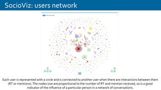 SocioViz: users network
Each user is represented with a circle and is connected to another user when there are interactions between them
(RT or mentions).The nodes size are proportional to the number of RT and mention received, so is a good
indicator of the influence of a particular person in a network of conversations.
 