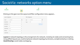 SocioViz: networks option menu
Clicking on the gear icon the Layout and filter configuration menu appears..
Layout: A network topology is the arrangement of a network, including its nodes and connecting lines.
Using diffent layouts you could emphasize network topology by divisions, complementarity or ranking.
Avoid Overlap: avoid nodes overlapping.
 