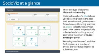 SocioViz at a glance
There two type of searches:
historical and recurring.
Historical searches (in blue) allows
you to search 1 week in the past
with a maximum of 50.000 tweets
for each query. Recurring searches
(in green) collect tweets in “real-
time” (new tweets are periodically
collected and stored in groups of
100) with a maximum of 50.000
tweets per query.
Recurring searches aren’t available
for free plans and number of
tweets extracted also depends to
subscribed plan.
 