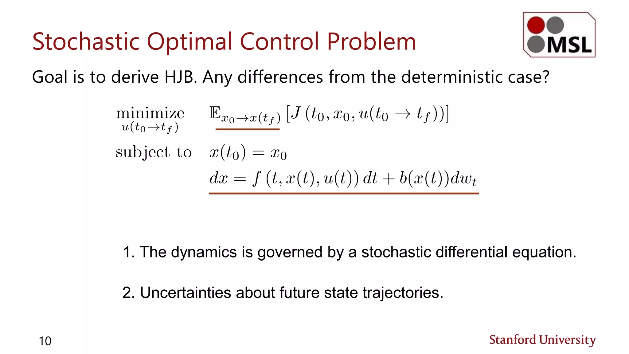 Stochastic Optimal Control Problem
Goal is to derive HJB. Any differences from the deterministic case?
10
1. The dynamics is governed by a stochastic differential equation.
2. Uncertainties about future state trajectories.
 