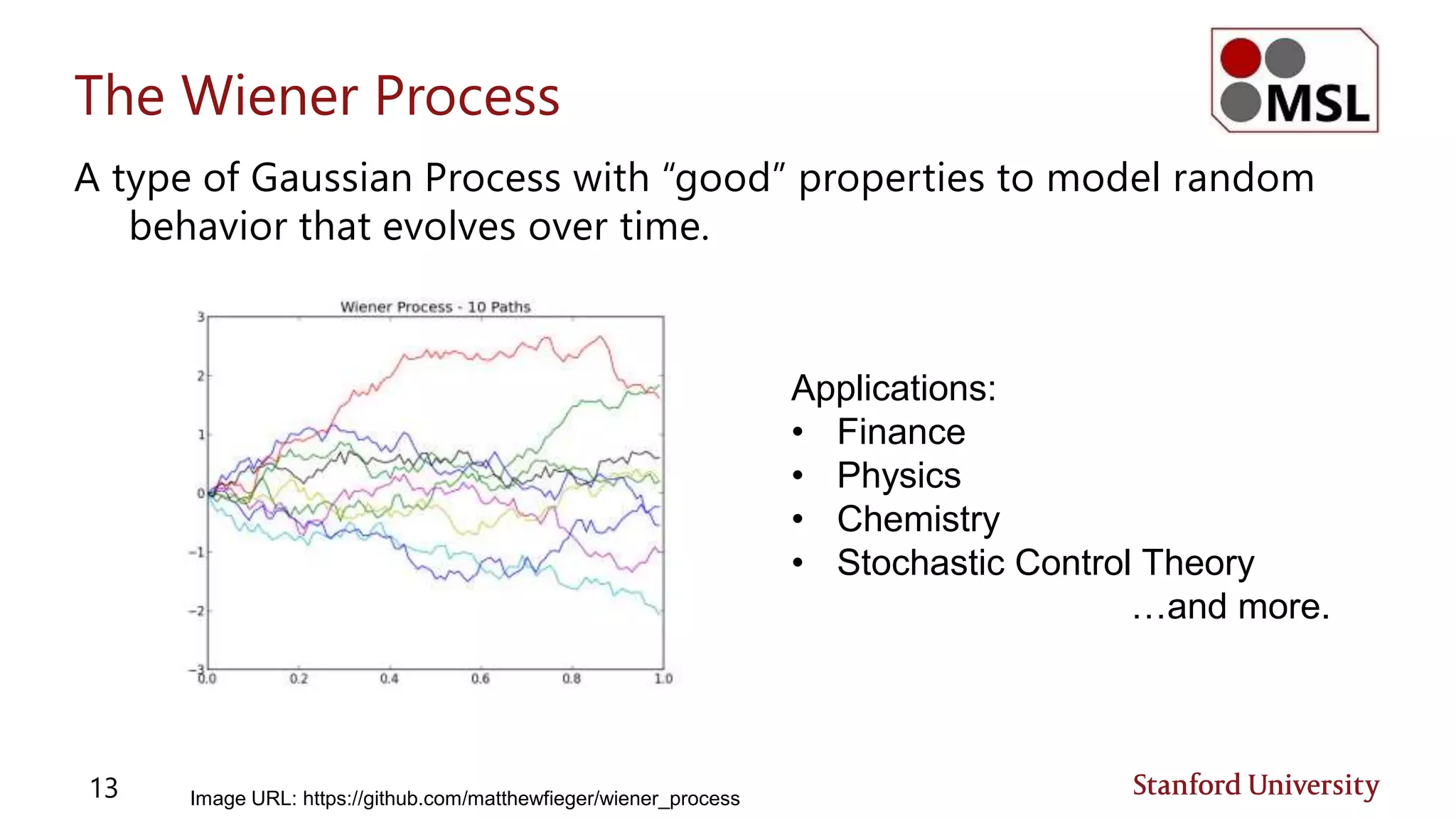 The Wiener Process
A type of Gaussian Process with “good” properties to model random
behavior that evolves over time.
13
Applications:
• Finance
• Physics
• Chemistry
• Stochastic Control Theory
…and more.
Image URL: https://github.com/matthewfieger/wiener_process
 
