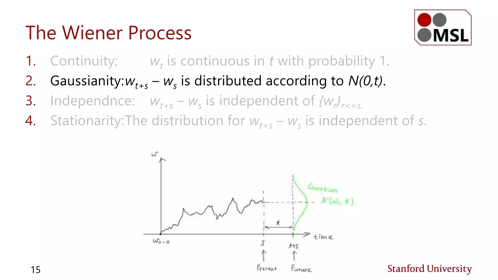 The Wiener Process
1. Continuity: wt is continuous in t with probability 1.
2. Gaussianity:wt+s – ws is distributed according to N(0,t).
3. Independnce: wt+s – ws is independent of {wr}r<=s.
4. Stationarity:The distribution for wt+s – ws is independent of s.
15
 