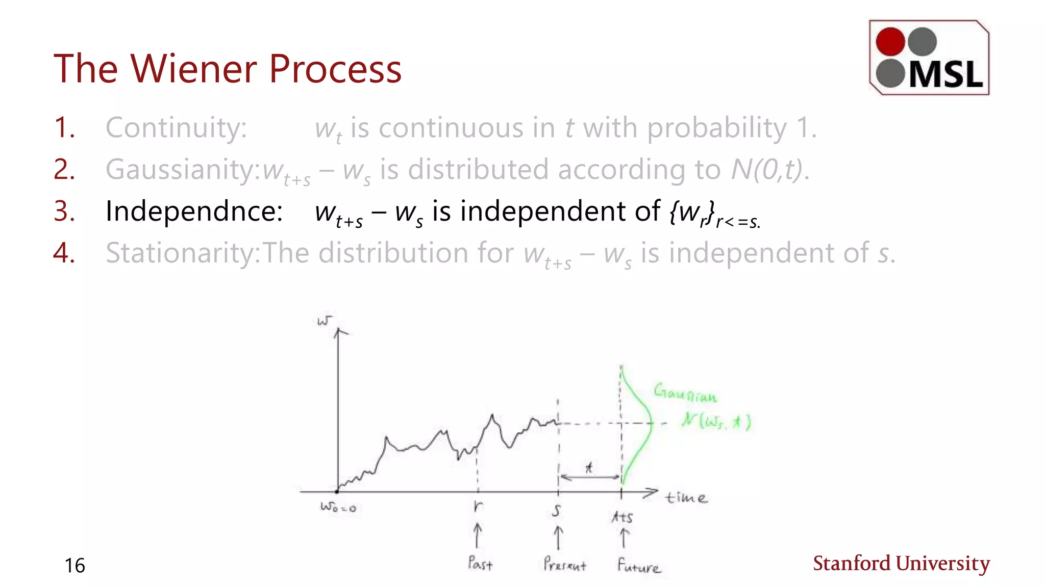 The Wiener Process
1. Continuity: wt is continuous in t with probability 1.
2. Gaussianity:wt+s – ws is distributed according to N(0,t).
3. Independnce: wt+s – ws is independent of {wr}r<=s.
4. Stationarity:The distribution for wt+s – ws is independent of s.
16
 