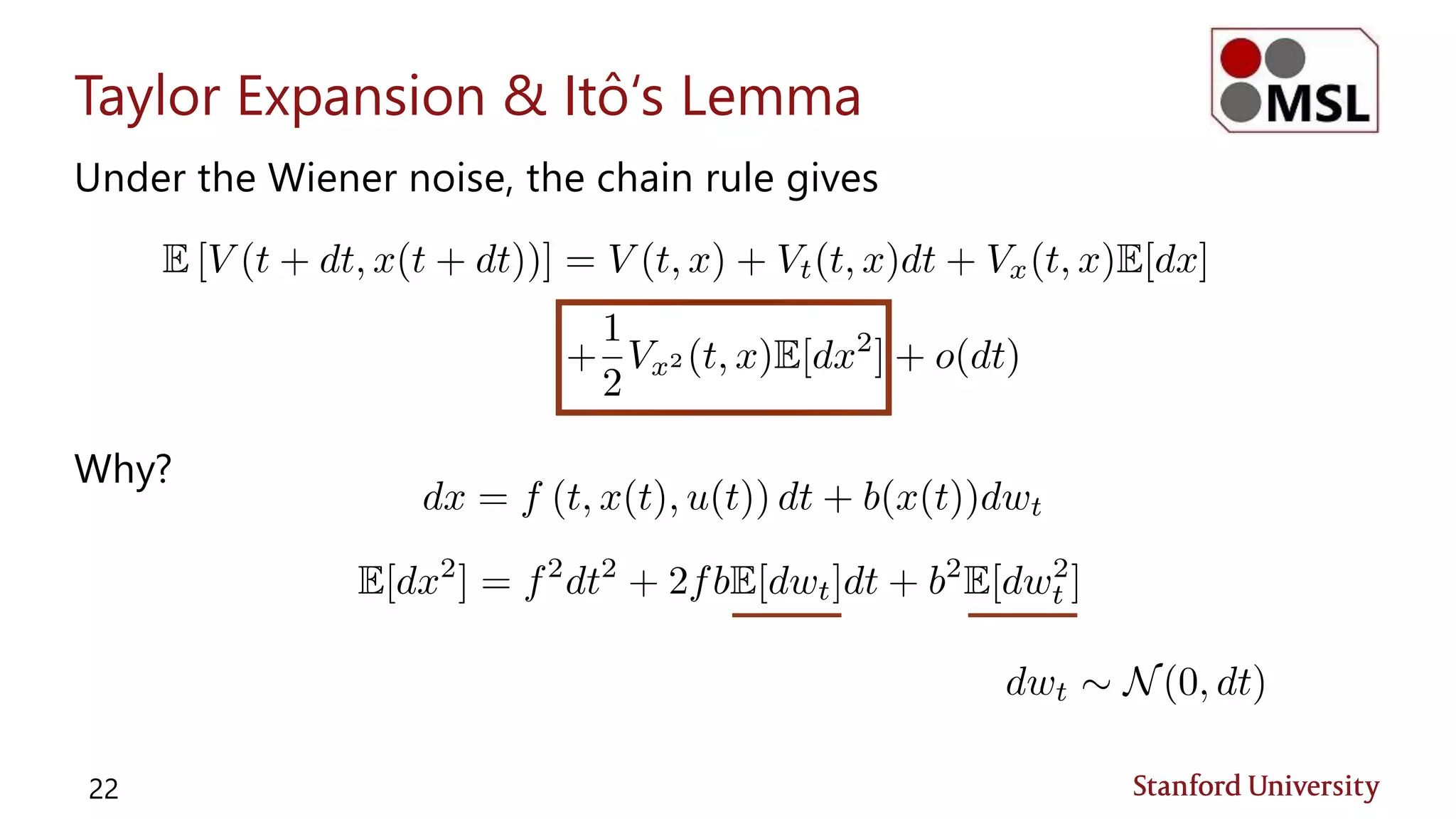 Taylor Expansion & Itô‘s Lemma
Under the Wiener noise, the chain rule gives
Why?
22
 
