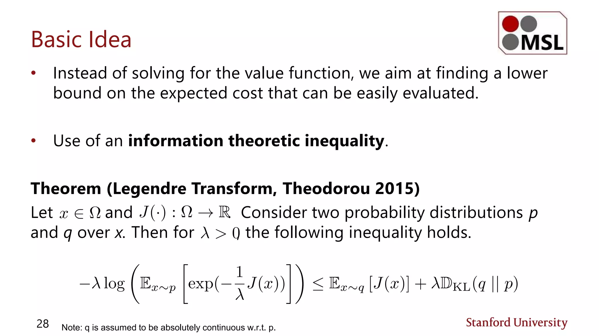 Basic Idea
• Instead of solving for the value function, we aim at finding a lower
bound on the expected cost that can be easily evaluated.
• Use of an information theoretic inequality.
Theorem (Legendre Transform, Theodorou 2015)
Let and . Consider two probability distributions p
and q over x. Then for , the following inequality holds.
28 Note: q is assumed to be absolutely continuous w.r.t. p.
 