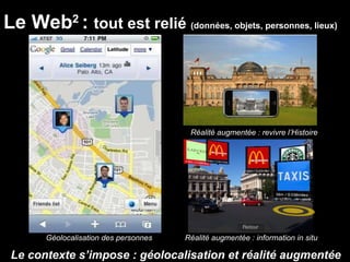 Le Web 2  :  tout est relié  (données, objets, personnes, lieux) Le contexte s’impose : géolocalisation et réalité augment...