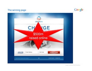 The winning page




                      $500m
                   raised online




                                   Google Confidential and Proprietary
 