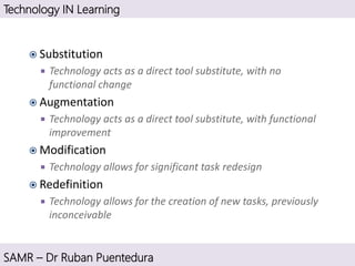 SAMR – Dr Ruban Puentedura
 Substitution
 Technology acts as a direct tool substitute, with no
functional change
 Augmentation
 Technology acts as a direct tool substitute, with functional
improvement
 Modification
 Technology allows for significant task redesign
 Redefinition
 Technology allows for the creation of new tasks, previously
inconceivable
Technology IN Learning
 