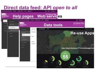 Direct data feed: API open to all
http://api.esd.org.uk/
Help pages Web services
Data tools
http://stark-fortress-7714.herokuapp.com/
Re-use Apps
 