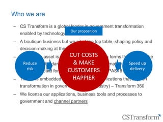Citizen
Service
Transformation
Who we are
‒ CS Transform is a global leader in government transformation
enabled by technology
‒ A boutique business but we sit at the top table, shaping policy and
decision-making at the most senior levels
‒ Our unique asset is our high-value IP, which forms the basis of the
only global standard for government transformation and the UK
British Standard for city transformation (BSI PAS181)
‒ This IP is embedded in a unique set of applications that support
transformation in governments (and industry) – Transform 360
‒ We license our applications, business tools and processes to
government and channel partners
CUT COSTS
& MAKE
CUSTOMERS
HAPPIER
Reduce
risk
Speed up
delivery
Our proposition
 