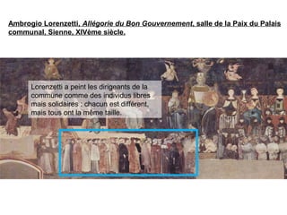 Ambrogio Lorenzetti, Allégorie du Bon Gouvernement, salle de la Paix du Palais
communal, Sienne, XIVème siècle.
Lorenzetti a peint les dirigeants de la
commune comme des individus libres
mais solidaires : chacun est différent,
mais tous ont la même taille.
 