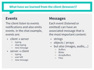 What have we learned from the client (browser)?
Events
The client listen to events
notifications and also emits
events. In the chat example,
events are:
■ client → server
○ typing
○ stop typing
○ new message
■ server → client
○ typing
○ user left
○ new message
Messages
Each event (listened or
emitted) can have an
associated message that is
the most important content:
■ strings
■ objects / arrays
■ but also (images, audio,...)
○ Buffers
○ Blobs
○ ArrayBuffers
○ Files
 