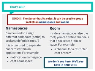 That’s all ?
Namespaces
Can be used to assign
different endpoints (paths) to
sockets (default is root / )
It is often used to separate
concerns within an
application. For example:
■ notification namespace
■ chat namespace
Room
Inside a namespace (also the
root) you can define channels
that a socket can join or
leave. For example
■ a channel for a restricted
chat or team
!!!NO!!! The Server has its roles, it can be used to group
sockets in namespaces and rooms
We don’t see here. We’ll see
both in PART 2 !!!!
 
