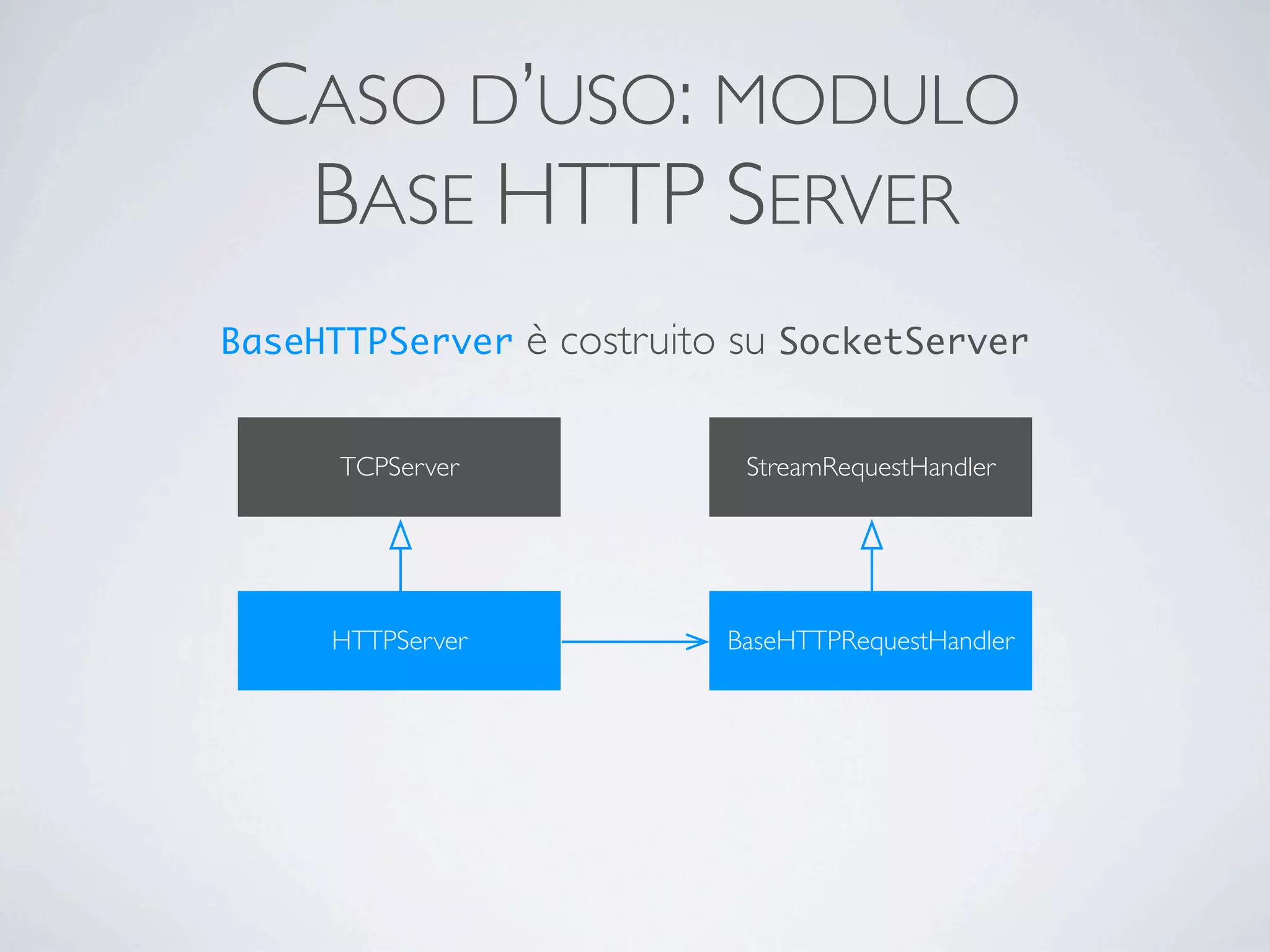 CASO D’USO: MODULO
  BASE HTTP SERVER
BaseHTTPServer    è costruito su SocketServer

     TCPServer               StreamRequestHandler




     HTTPServer             BaseHTTPRequestHandler
 