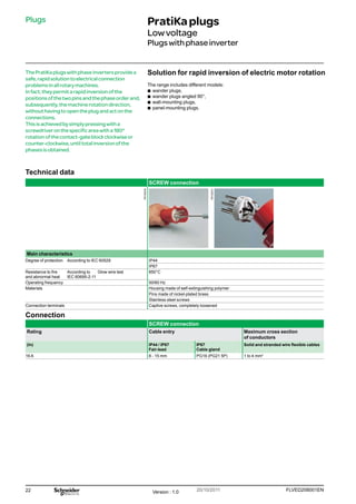 22 FLVED208001EN
Version : 1.0 20/10/2011
PB102232
PB102231
Technical data
SCREW connection
Main characteristics
Degree of protection According to IEC 60529 IP44
IP67
Resistance to fire
and abnormal heat
According to
IEC 60695-2-11
Glow wire test 850°C
Operating frequency 50/60 Hz
Materials Housing made of self-extinguishing polymer
Pins made of nickel-plated brass
Stainless steel screws
Connection terminals Captive screws, completely loosened
Connection
SCREW connection
Rating Cable entry Maximum cross section
of conductors
(In) IP44 / IP67
Fair-lead
IP67
Cable gland
Solid and stranded wire flexible cables
16 A 8 - 15 mm PG16 (PG21 5P) 1 to 4 mm2
PratiKaplugs
Lowvoltage
Plugswithphaseinverter
Plugs
Solution for rapid inversion of electric motor rotation
The range includes different models:
b
b wander plugs,
b
b wander plugs angled 90°,
b
b wall-mounting plugs,
b
b panel-mounting plugs.
ThePratiKaplugswithphaseinvertersprovidea
safe,rapidsolutiontoelectricalconnection
problemsinallrotarymachines.
Infact,theypermitarapidinversionofthe
positionsofthetwopinsandthephaseorderand,
subsequently,themachinerotationdirection,
withouthavingtoopentheplugandactonthe
connections.
Thisisachievedbysimplypressingwitha
screwdriveronthespecificareawitha180°
rotationofthecontact-gateblockclockwiseor
counter-clockwise,untiltotalinversionofthe
phasesisobtained.
 
