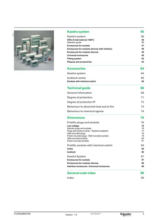 3
FLVED208001EN Version : 1.0 20/10/2011
PB102198
Kaedra system	 56
Kaedra system	 56
Offre A international / 650°C	 56
Selection guide	 56
Enclosures for sockets	 57
Enclosures for modular devices with interface	 58
Enclosures for modular devices	 59
Universal enclosures	 60
Fitting system	 62
Plaques and accessories 	 63
Accessories	64
Kaedra system	 64
Isoblock series	 66
Sockets with interlock switch	 66
Technical guide	 68
General information	 68
Degree of protection	 71
Degree of protection IP	 72
Behaviour to abnormal heat and to fire	 73
Behaviour to chemical agents	 74
Dimensions	76
PratiKa plugs and sockets	 76
Low voltage	 76
Wander plugs and sockets	 76
Plugs with phase inverter - Systems adapters	 77
Wall-mounted plugs	 78
Panel-mounted plugs - Wall-mounted sockets	 79
Wall-mounted sockets	 80
Panel-mounted sockets	 81
PratiKa sockets with interlock switch	 84
Unika	84
Isoblock	86
Kaedra System	 87
Enclosures for sockets	 87
Enclosures for modular devices 	 88
Interface enclosures / Universal enclosures	 89
General code index	 90
Index	90
 