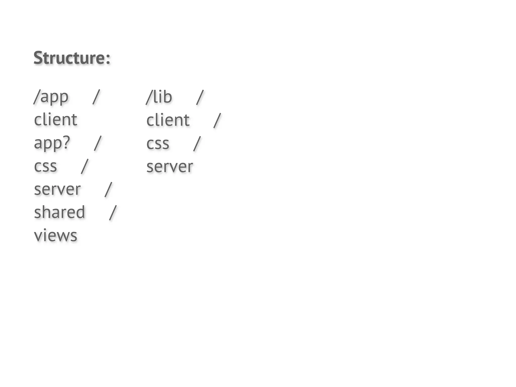 Structure:

/app /       /lib /
client       client /
app? /       css /
css /        server
server /
shared /
views
 
