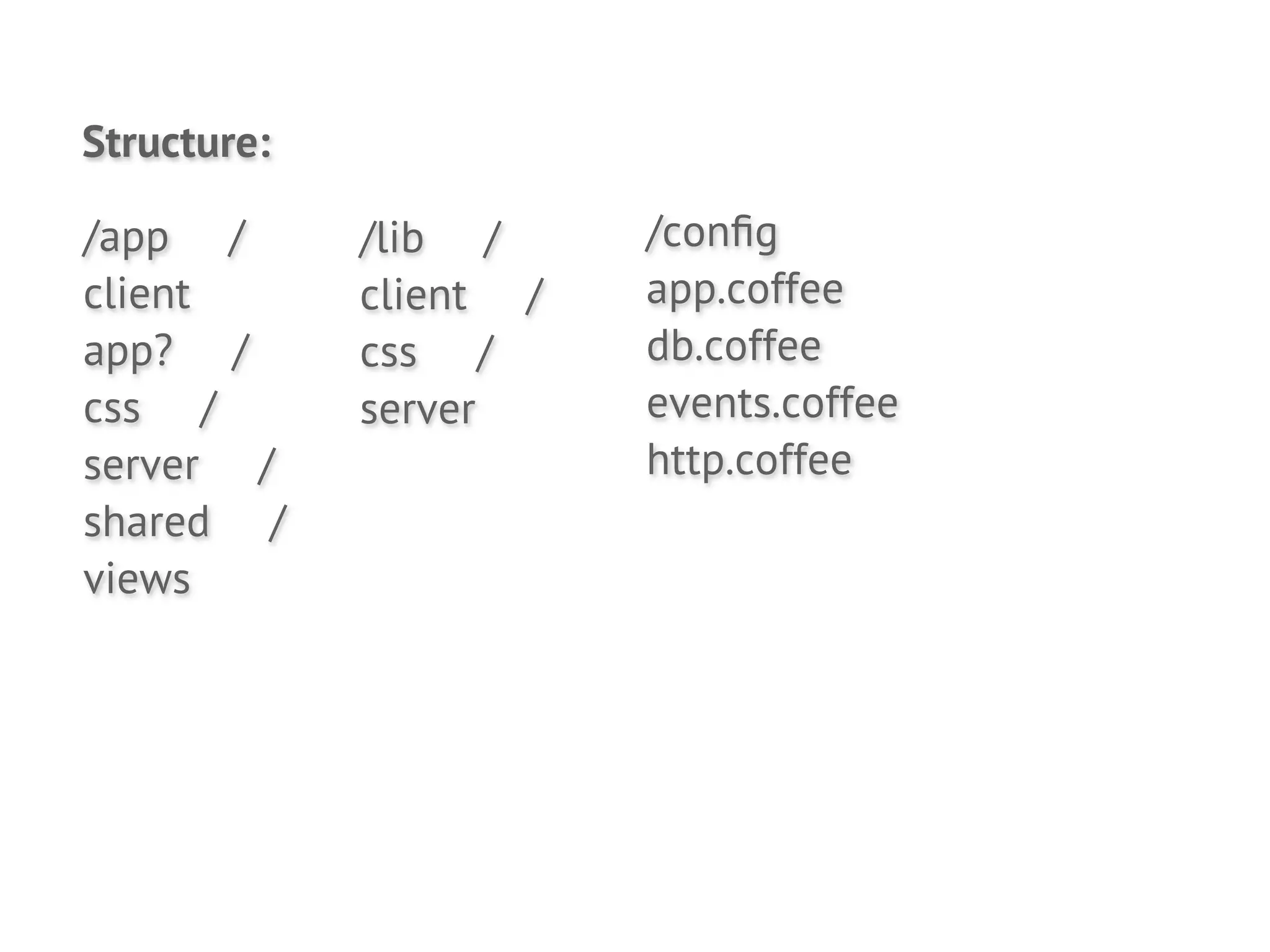 Structure:

/app /       /lib /     /conﬁg
client       client /   app.coffee
app? /       css /      db.coffee
css /        server     events.coffee
server /                http.coffee
shared /
views
 