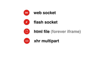 web socket

ﬂash socket

html ﬁle (forever iframe)

xhr multipart
 
