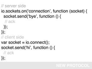 // server side
io.sockets.on(ʻconnectionʼ, function (socket) {
  socket.send(ʻbyeʼ, function () {
   // ack
  });
});
// client side
var socket = io.connect();
socket.send(ʻhiʼ, function () {
  // ack
});
                              NEW PROTOCOL
 