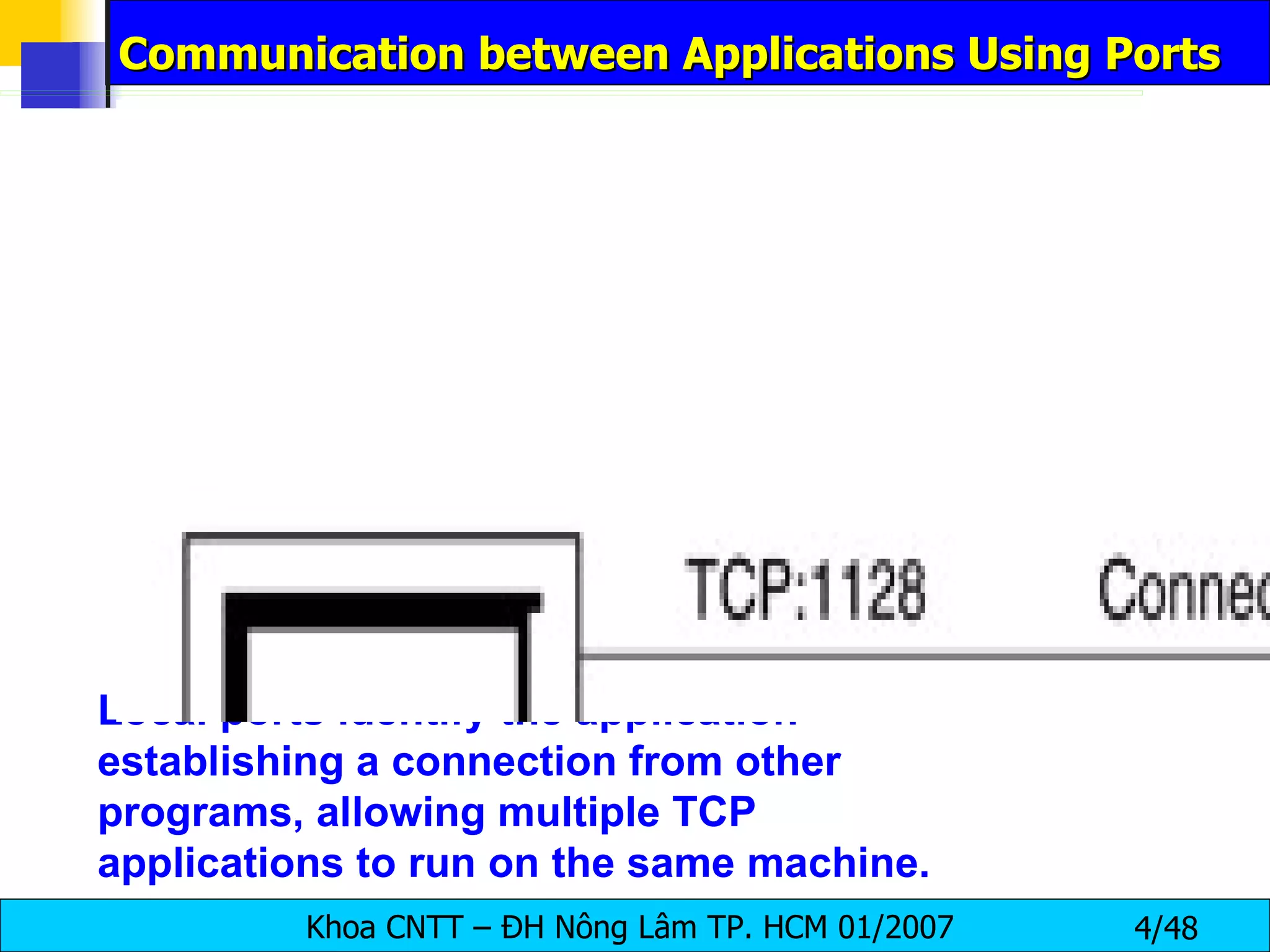 Communication between Applications Using Ports Local ports identify the application establishing a connection from other programs, allowing multiple TCP applications to run on the same machine. 