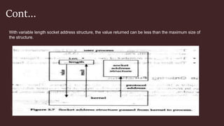 Cont…
With variable length socket address structure, the value returned can be less than the maximum size of
the structure.
 