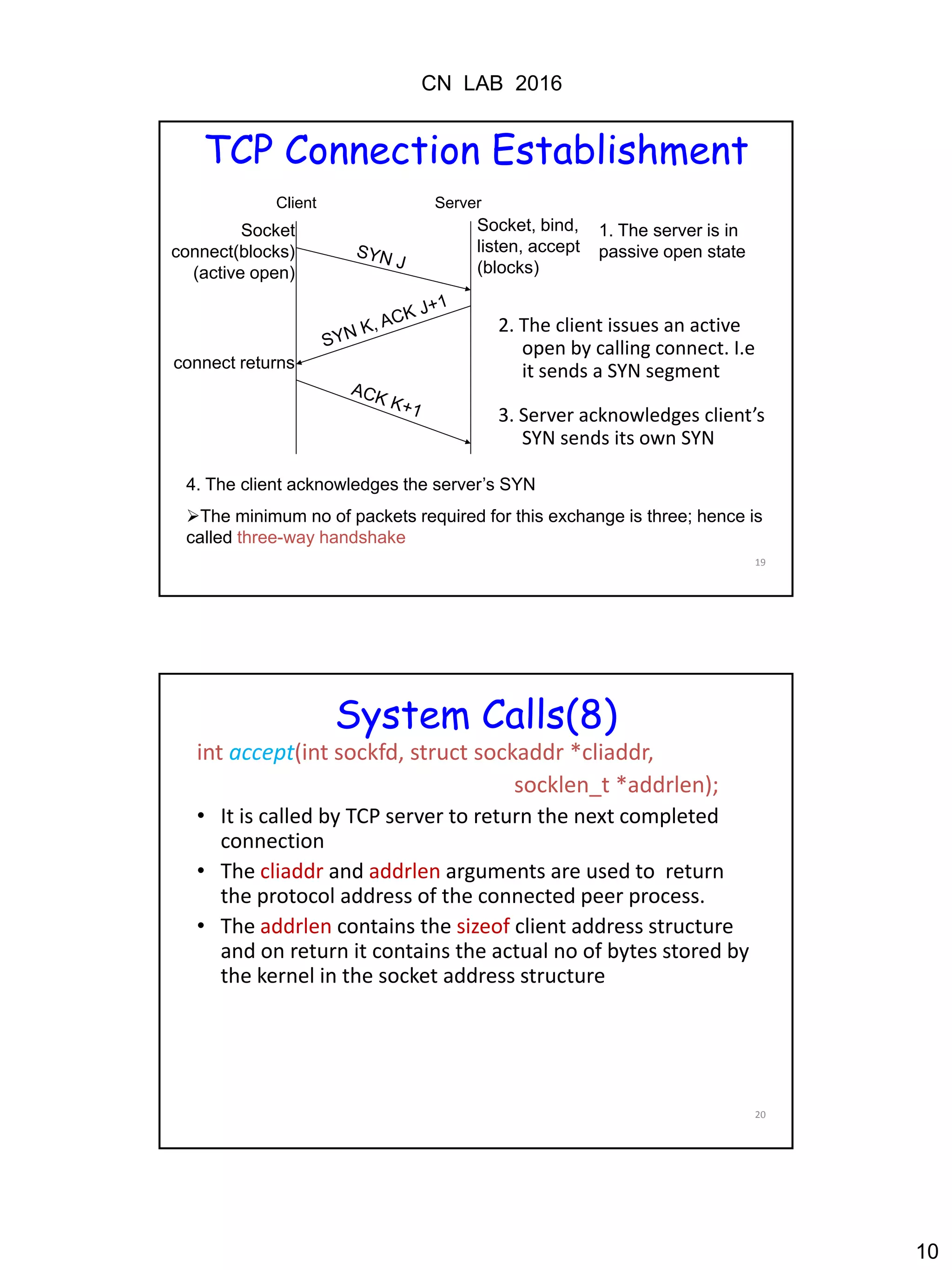 CN LAB 2016
10
19
TCP Connection Establishment
Socket
connect(blocks)
(active open)
connect returns
Client Server
Socket, bind,
listen, accept
(blocks)
1. The server is in
passive open state
4. The client acknowledges the server’s SYN
The minimum no of packets required for this exchange is three; hence is
called three-way handshake
3. Server acknowledges client’s
SYN sends its own SYN
2. The client issues an active
open by calling connect. I.e
it sends a SYN segment
20
System Calls(8)
int accept(int sockfd, struct sockaddr *cliaddr,
socklen_t *addrlen);
• It is called by TCP server to return the next completed
connection
• The cliaddr and addrlen arguments are used to return
the protocol address of the connected peer process.
• The addrlen contains the sizeof client address structure
and on return it contains the actual no of bytes stored by
the kernel in the socket address structure
 