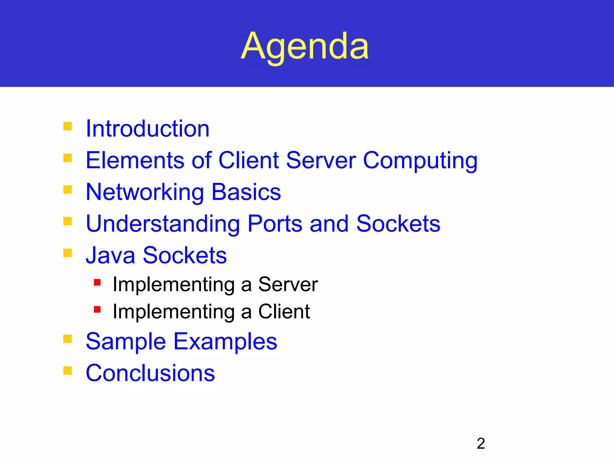 2 Agenda  Introduction  Elements of Client Server Computing  Networking Basics  Understanding Ports and Sockets  Java Sockets  Implementing a Server  Implementing a Client  Sample Examples  Conclusions 