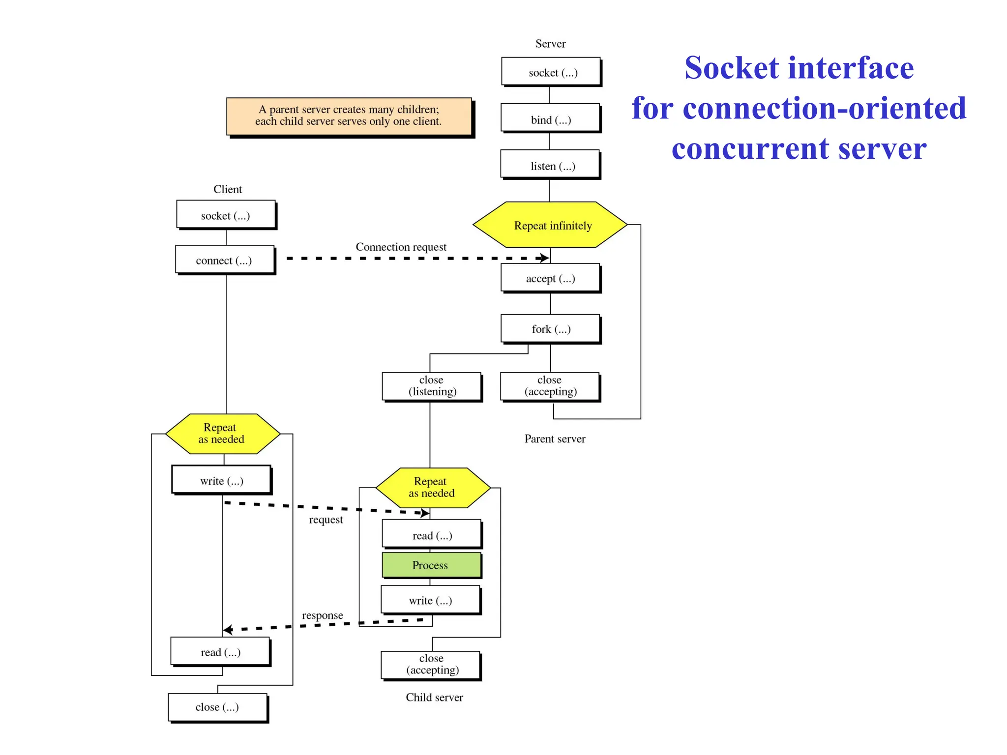 Socket interface
for connection-oriented
concurrent server
 