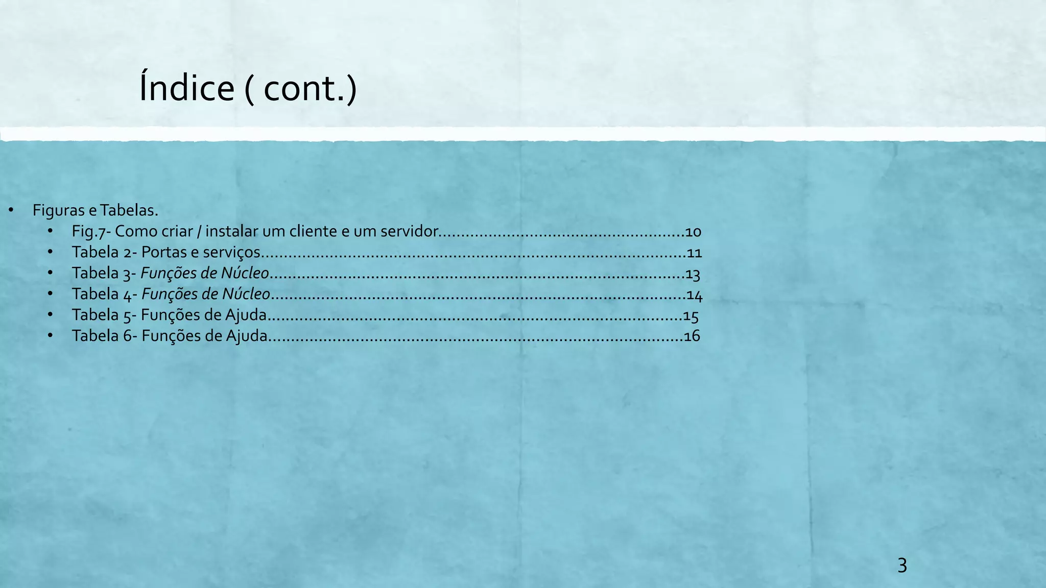 Índice ( cont.)
3
• Figuras eTabelas.
• Fig.7- Como criar / instalar um cliente e um servidor……………………………………………...10
• Tabela 2- Portas e serviços………………………………………………………………………………...11
• Tabela 3- Funções de Núcleo..........................................................................................13
• Tabela 4- Funções de Núcleo..........................................................................................14
• Tabela 5- Funções de Ajuda..........................................................................................15
• Tabela 6- Funções de Ajuda..........................................................................................16
 