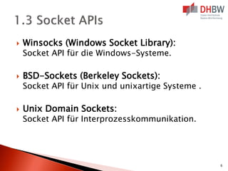  Winsocks (Windows Socket Library):
Socket API für die Windows-Systeme.
 BSD-Sockets (Berkeley Sockets):
Socket API für Unix und unixartige Systeme .
 Unix Domain Sockets:
Socket API für Interprozesskommunikation.
6
 
