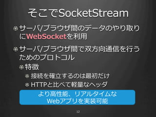 SocketStream
! ?`/֥饦gΥǩ`Τȡ
   WebSocket?
! ?`/֥饦g˫?ͨŤ?Ф
   Υץȥ
   ! ?؏
  ! ? ӾA_?Τ
  ! ? HTTP?Ȥ٤Xʥإå
     ?ܡꥢ륿
      Webץgװ
              12
 