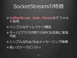 SocketStream؏

! Co?eeScript, ?Jade, ?Stylusǥե
  Ȓ?
! ?ץʥǥ쥯ȥꘋ
! ?`/֥饦gǤRPCפˌgװ
   
! ?ץPub/Subå`󥰙C
! ??ߤ`ӥƥ

                 20
 