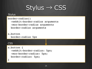 Stylus ? ?CSS
Stylus
border-radius() !
  -webkit-border-radius arguments !
  -moz-border-radius arguments !
  border-radius arguments !
!
a.button !
  border-radius 5px!

CSS
a.button { !
  -webkit-border-radius: 5px; !
  -moz-border-radius: 5px;!
  border-radius: 5px; !
} ! ! ! ! !!
  ! ! ! !!
                        25
 