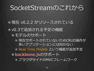 SocketStreamΤ줫

! ?F ?v0.2.2 ?`Ƥ
! ?v0.3׷Ӥ趨ΙC
   ! ?ǥΥݩ`
  ! ? Fڥݩ`ȤƤʤCRUD
      तץꥱ`ˤ򤫤ʤ
  ! ? Real ?Time ?Models ?ȤCܤ׷趨
 ! backbone.jsΥݩ`
  ! ? ֥饦ɤMVCե``

                35
 