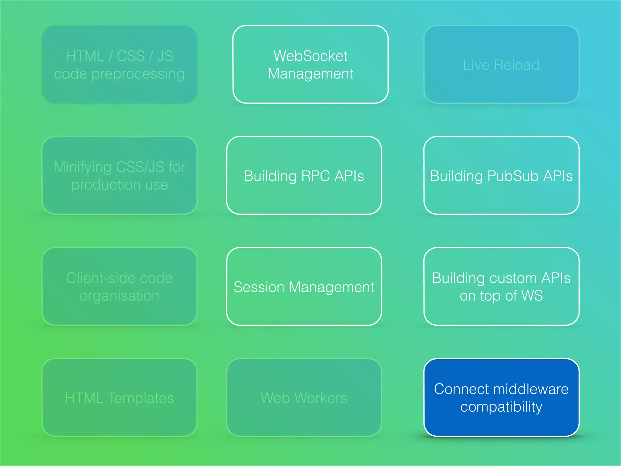 HTML / CSS / JS
code preprocessing

Minifying CSS/JS for
production use

Client-side code
organisation

HTML Templates

WebSocket
Management

Live Reload

Building RPC APIs

Building PubSub APIs

Session Management

Building custom APIs
on top of WS

Web Workers

Connect middleware
compatibility

 
