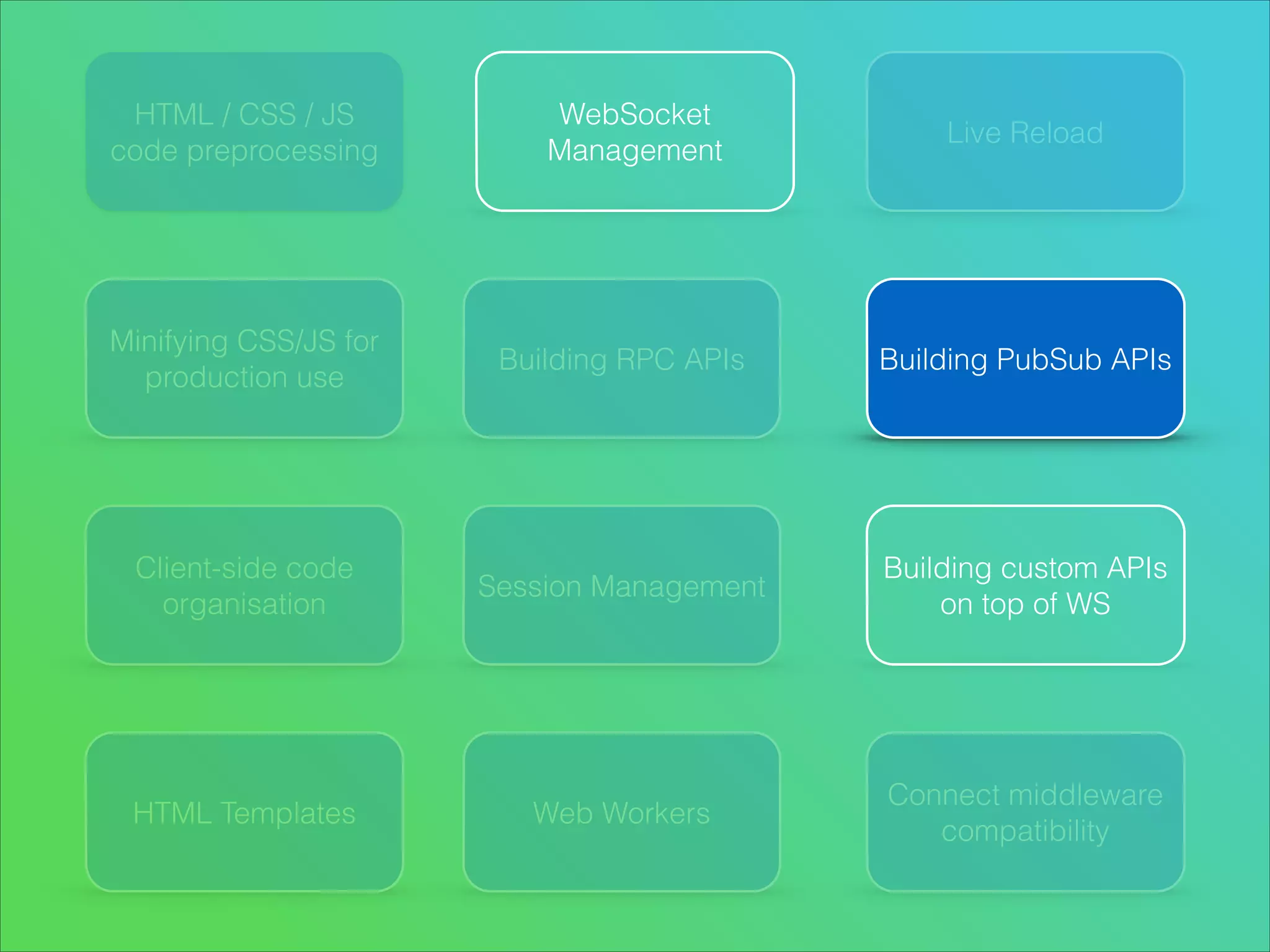 HTML / CSS / JS
code preprocessing

Minifying CSS/JS for
production use

Client-side code
organisation

HTML Templates

WebSocket
Management

Live Reload

Building RPC APIs

Building PubSub APIs

Session Management

Building custom APIs
on top of WS

Web Workers

Connect middleware
compatibility

 