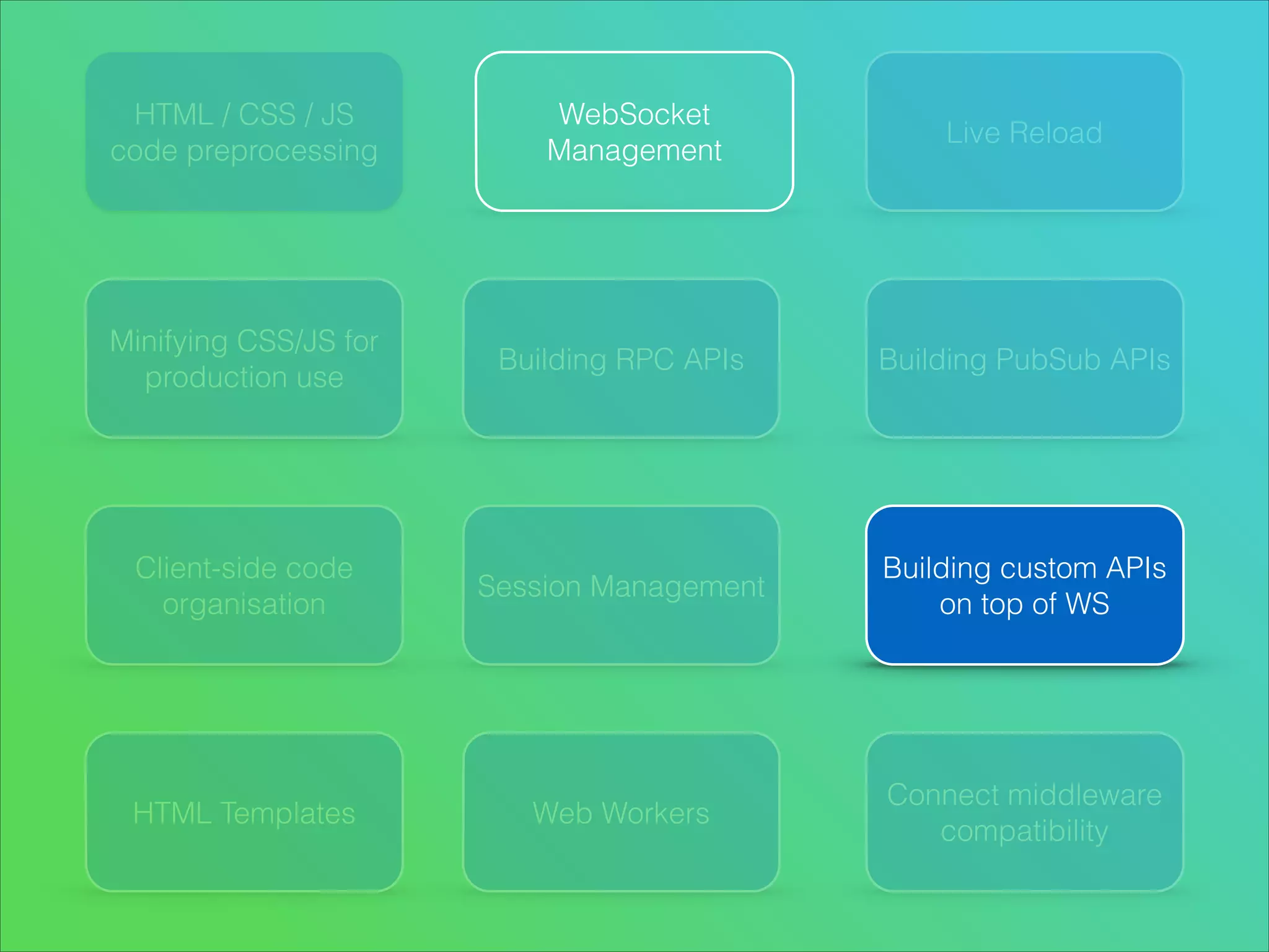 HTML / CSS / JS
code preprocessing

Minifying CSS/JS for
production use

Client-side code
organisation

HTML Templates

WebSocket
Management

Live Reload

Building RPC APIs

Building PubSub APIs

Session Management

Building custom APIs
on top of WS

Web Workers

Connect middleware
compatibility

 