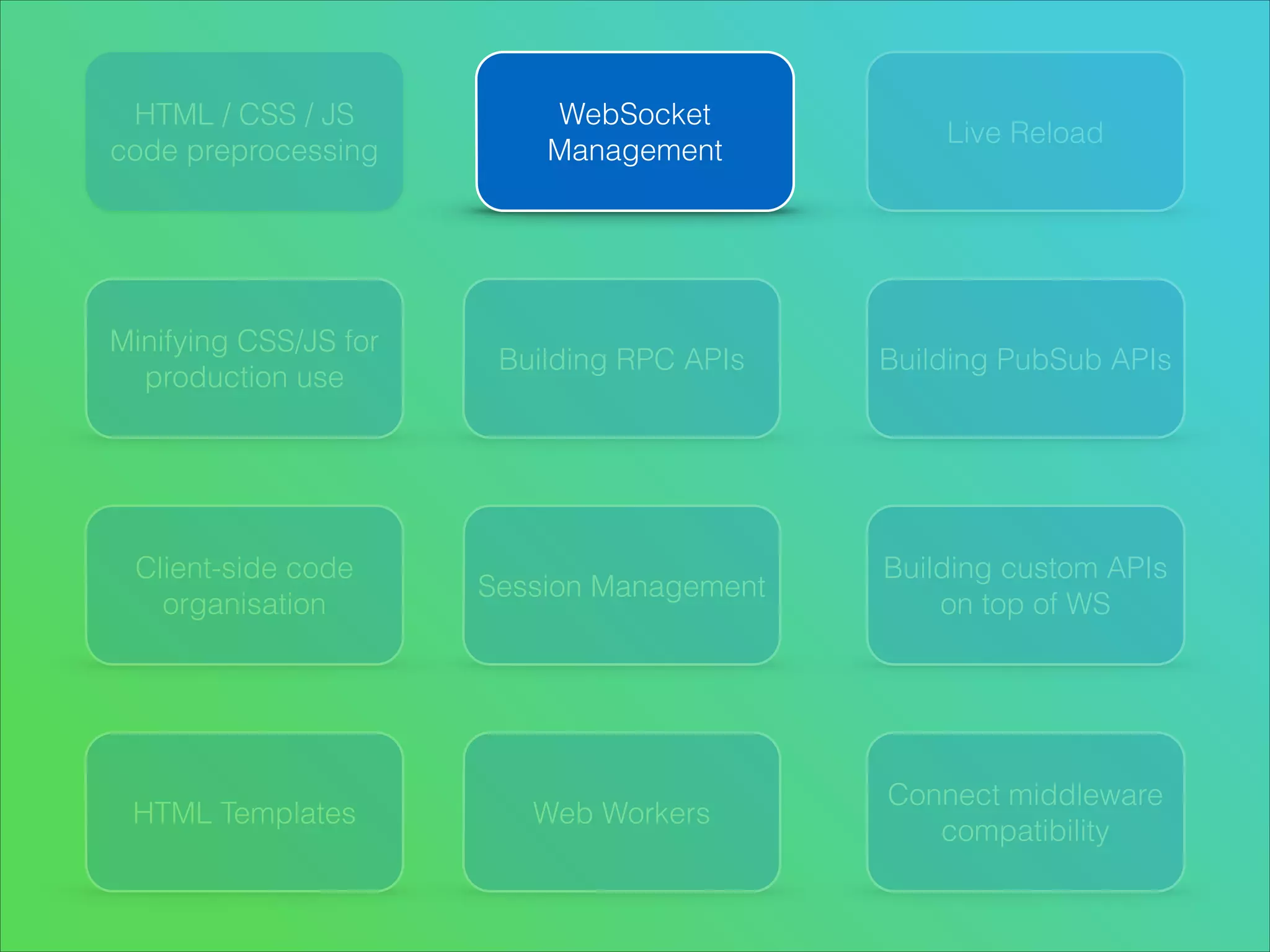HTML / CSS / JS
code preprocessing

Minifying CSS/JS for
production use

Client-side code
organisation

HTML Templates

WebSocket
Management

Live Reload

Building RPC APIs

Building PubSub APIs

Session Management

Building custom APIs
on top of WS

Web Workers

Connect middleware
compatibility

 